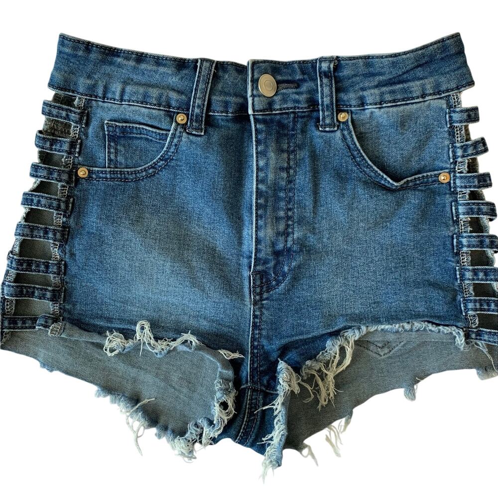 Windsor Womens Juniors XS Open Side Denim Stretch Jean Shorts Cut Off Peep Thru